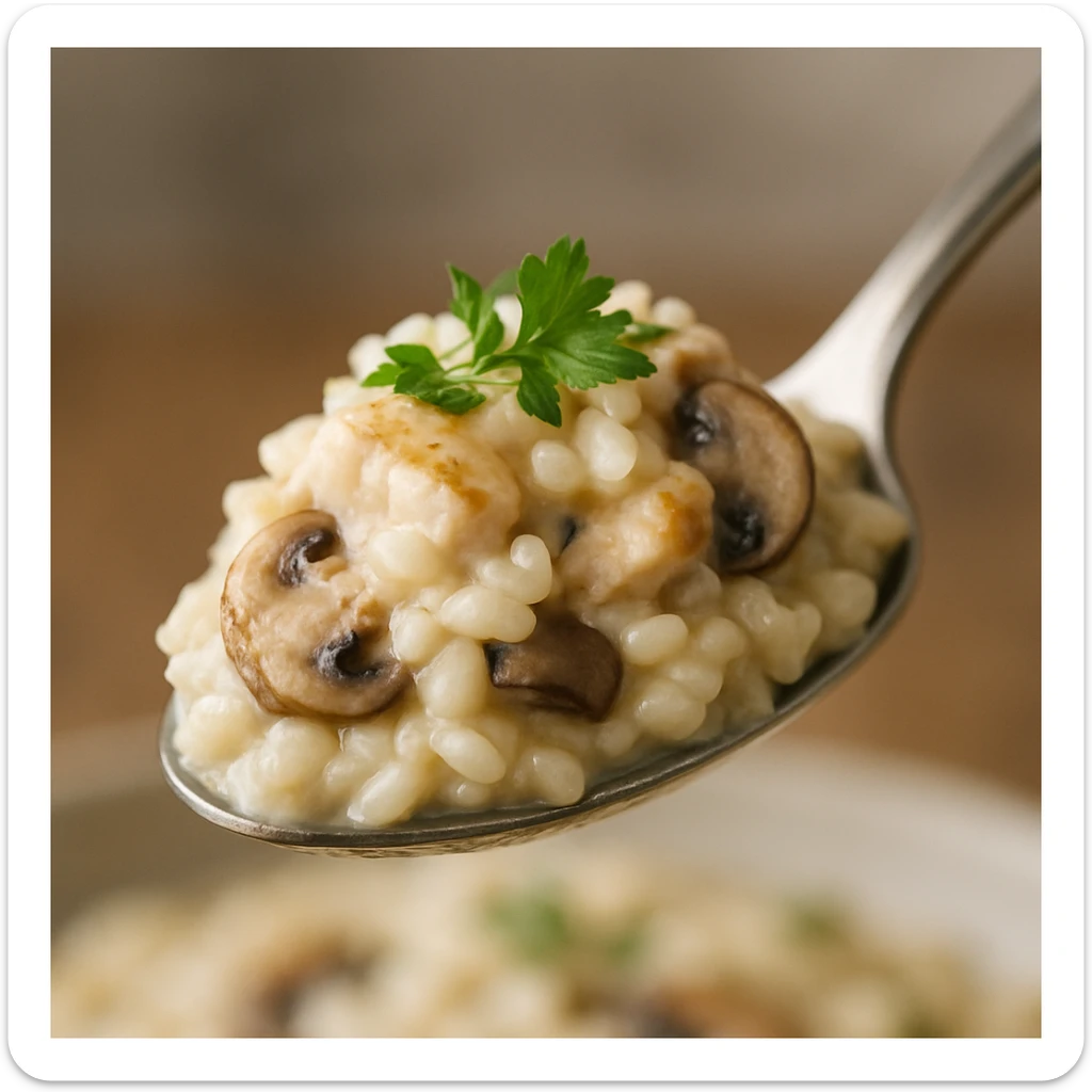 a spoonful of chicken mushroom risotto, creamy texture, with herbs on top sticker