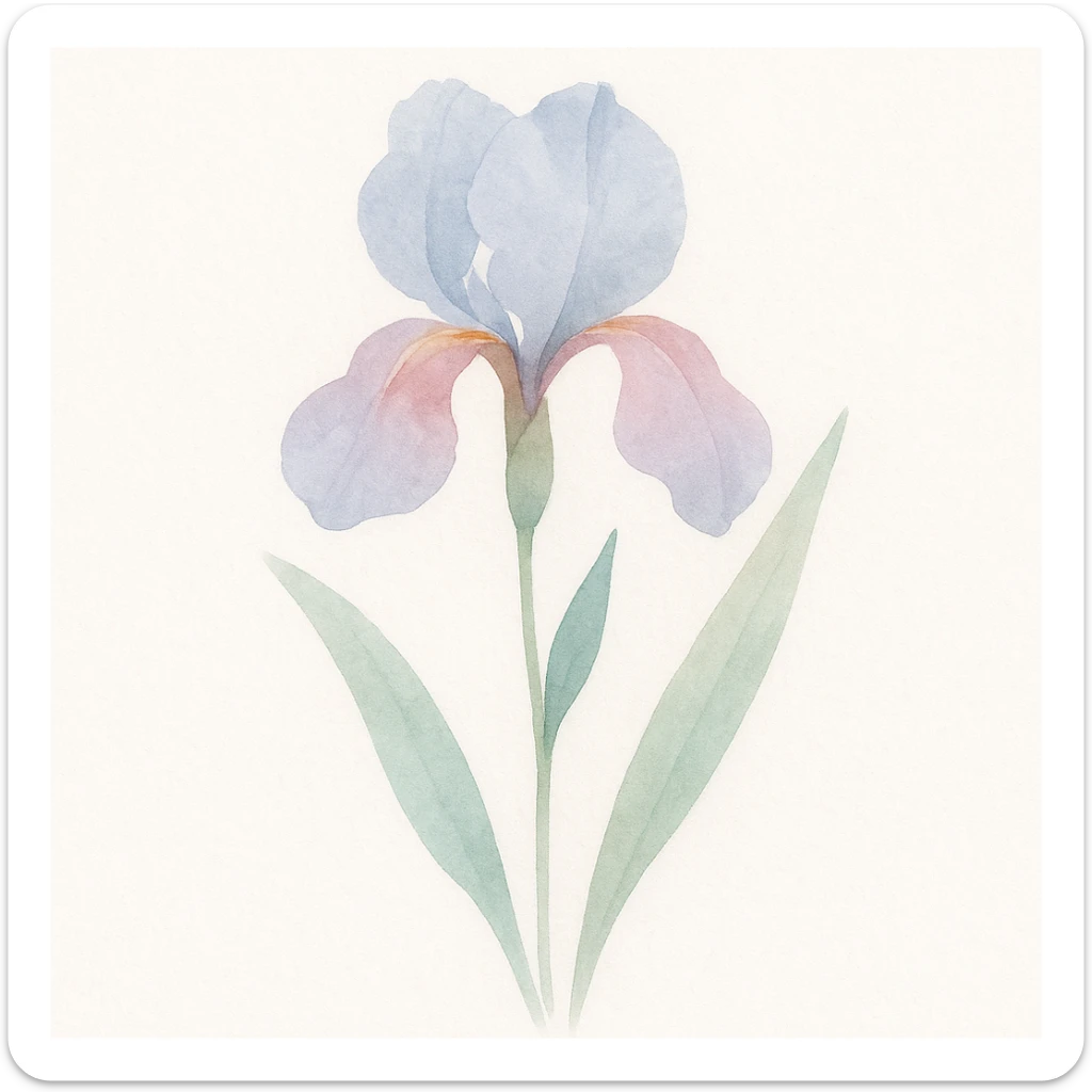 iris flower with stem and leaves, watercolor art style, luminous colors, gentle blending, realistic botanical illustration sticker