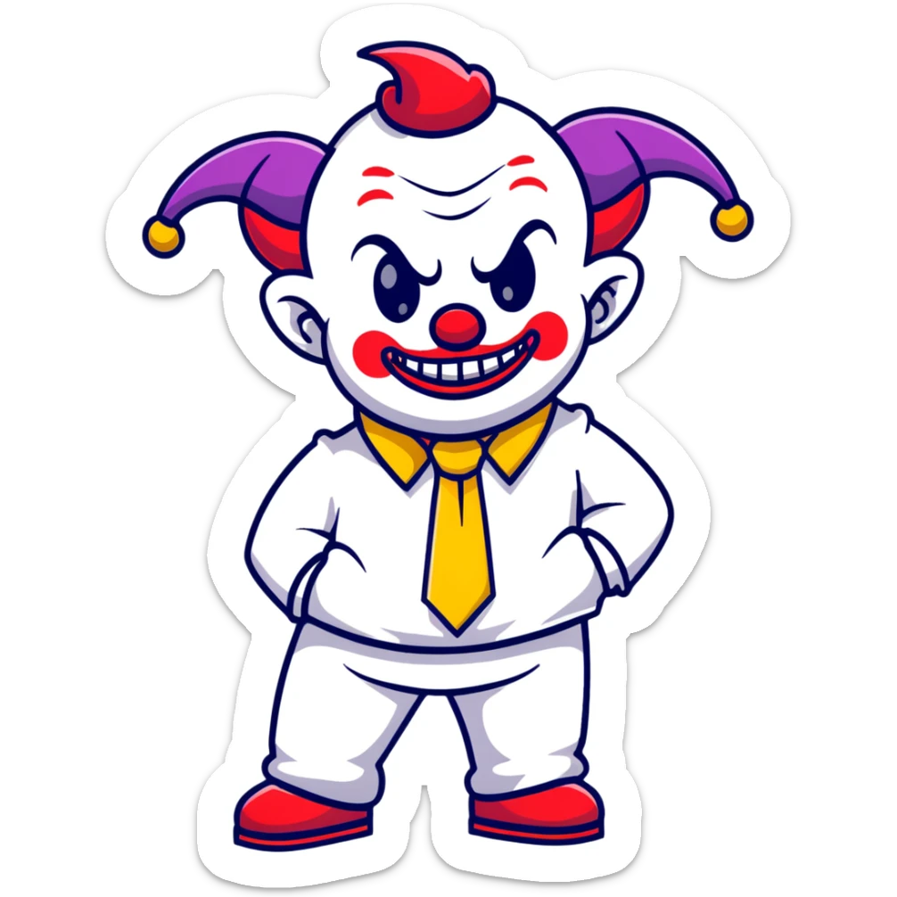 full-body demonic clown in a white leisure suit with bellbottom pants, bald, black ram horns, flashy belt, ruffled shirt, colorful tie, no elevator shoes sticker