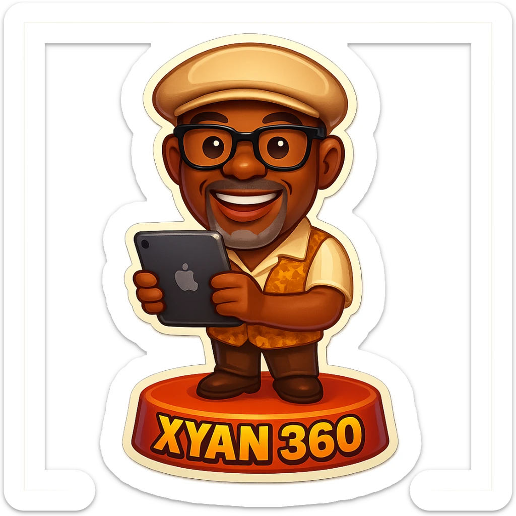 Add the text 'Xyan 360' to the 360 booth in the emoji image. Keep the rounded, expressive emoji style with the man wearing a Kangol hat, glasses, and grey beard stubble, standing on the booth with an iPad as the camera. sticker