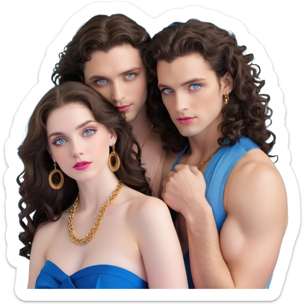 attractive couple embracing in romantic pose, woman with big blue-grey eyes, long lashes, pale skin, pink lips, long voluminous dark brown curls, gold hoop earrings, revealing silky halter top close to handsome man with intense blue-grey eyes, chiseled features, pale skin, confident smirk, dark brown styled hair, gold chain, revealing open shirt, faces close together sticker