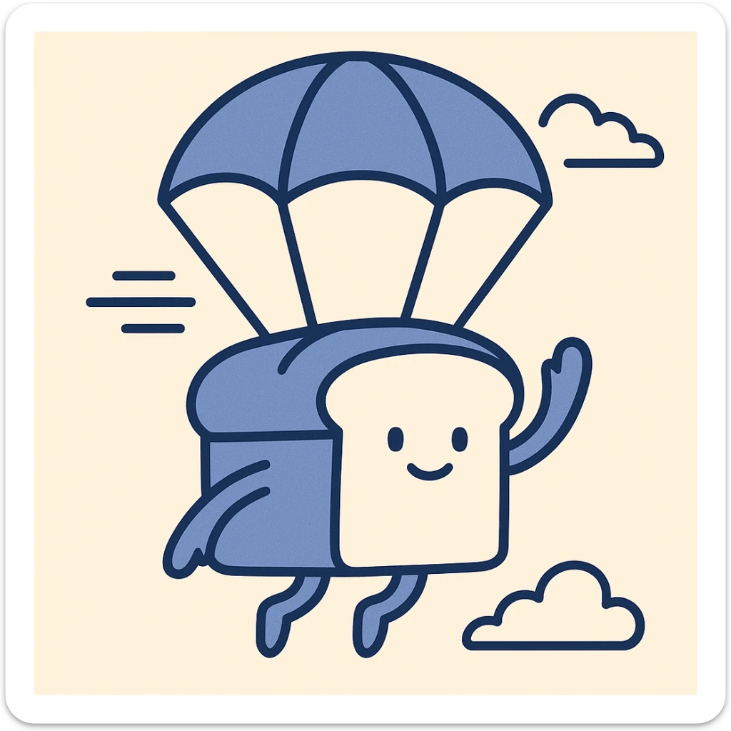 a whimsical loaf of bread descending from the sky with clear motion and blue sky background sticker