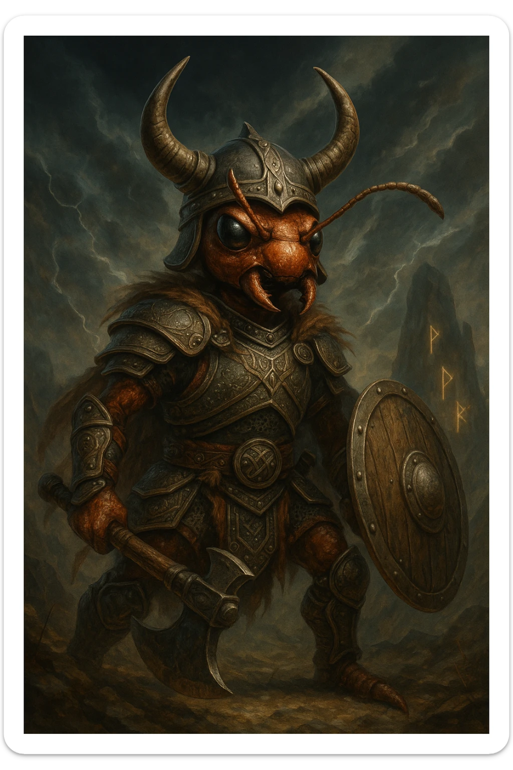 viking warrior ant, horned helmet, detailed armor, epic fantasy style sticker
