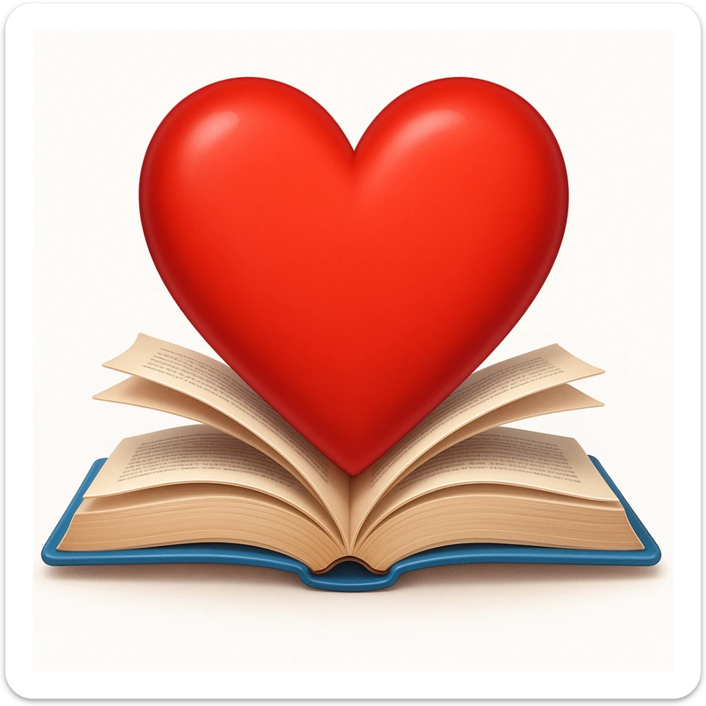 apple style emoji of a light blue heart with books, red colorway sticker
