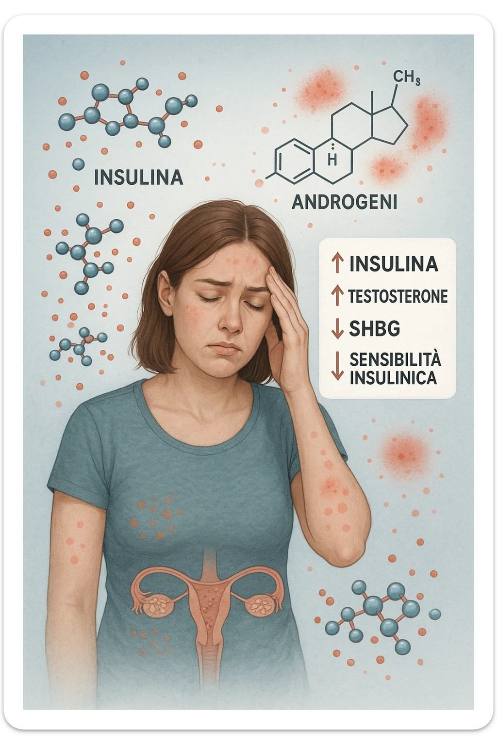 Donna tra i 25 e i 35 anni in primo piano, con espressione affaticata. Intorno al suo corpo appaiono in modo stilizzato e simbolico squilibri ormonali: molecole di insulina in eccesso fluttuano attorno, androgeni (testosterone) evidenziati sopra la testa, segnali visivi di infiammazione cronica lieve. Sopra le ovaie (visibili in trasparenza) compaiono piccole cisti multiple. Accanto a lei, un diagramma stilizzato mostra: '↑ Insulina', '↑ Testosterone', '↓ SHBG', '↓ Sensibilità insulinica'. L’atmosfera è scientifica, educativa ma empatica. Stile realistico con elementi infografici fluttuanti e colori freddi ma puliti. in italiano sticker