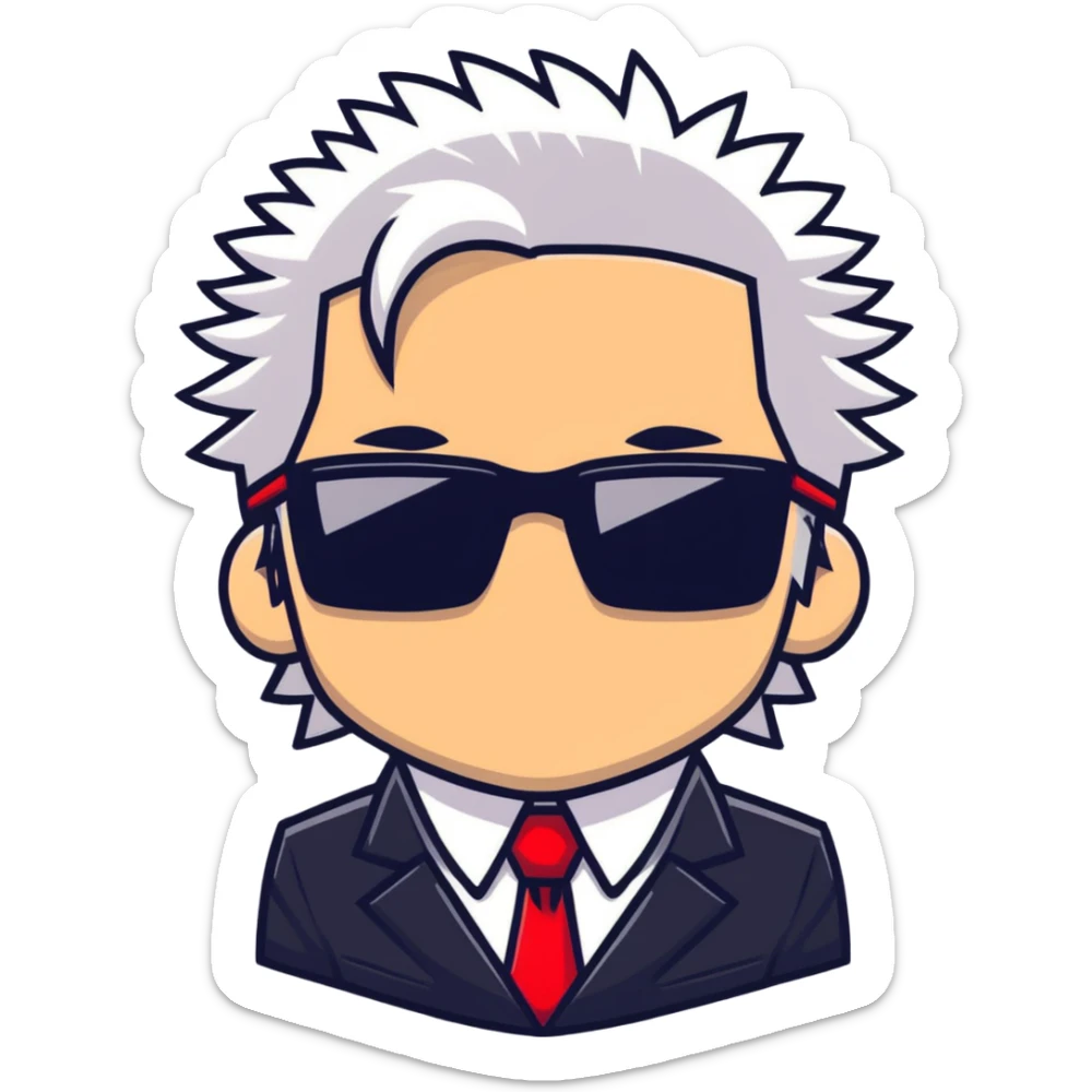 Satoru Gojo character with white spiky hair, black suit, red tie, sunglasses, and confident smirk sticker