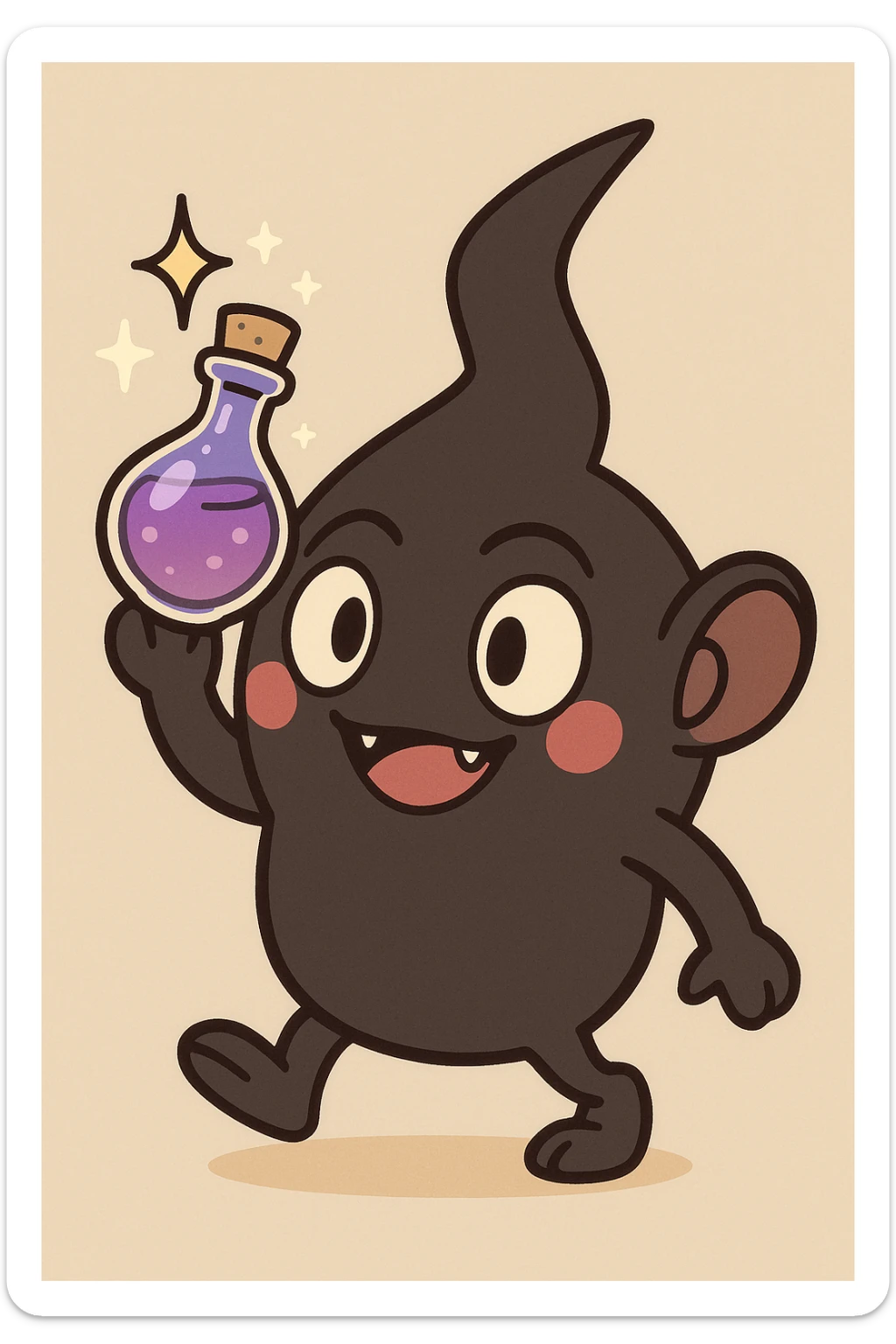 A spriggan from FFXIV holding a fantasia bottle with sparkles, stylized cartoonish, playful expression sticker