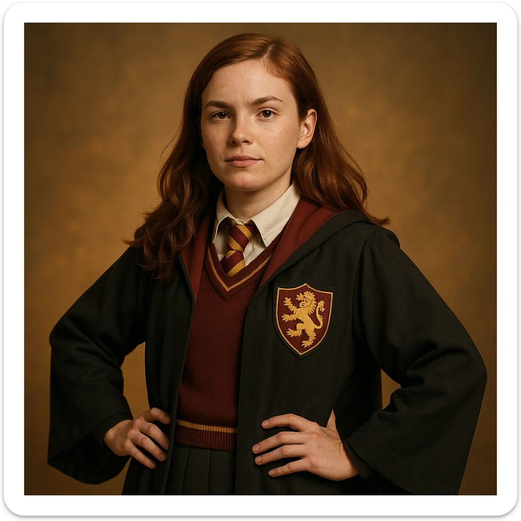 Make this stylized Gryffindor head girl badge more realistic, with natural skin tones, realistic hair, detailed Hogwarts robes, and a lifelike lion crest, while preserving the leadership vibe. sticker