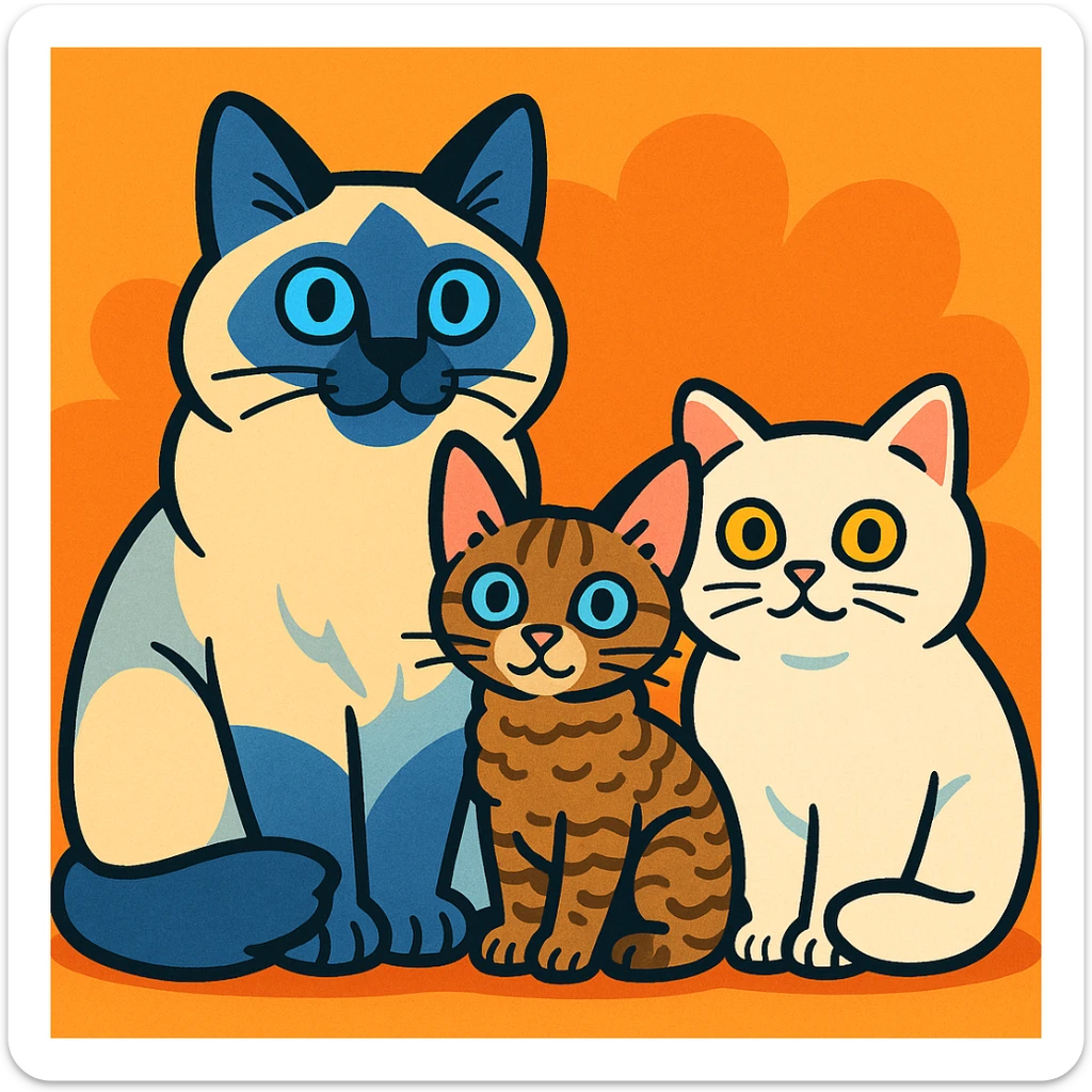 three cats together in a vibrant cartoon style, from left to right: a big male blue point Birman cat with blue eyes, a small female brown tabby Devon Rex cat with pale blue eyes, and a small female white British Shorthair cat with yellow eyes, all sitting close together sticker