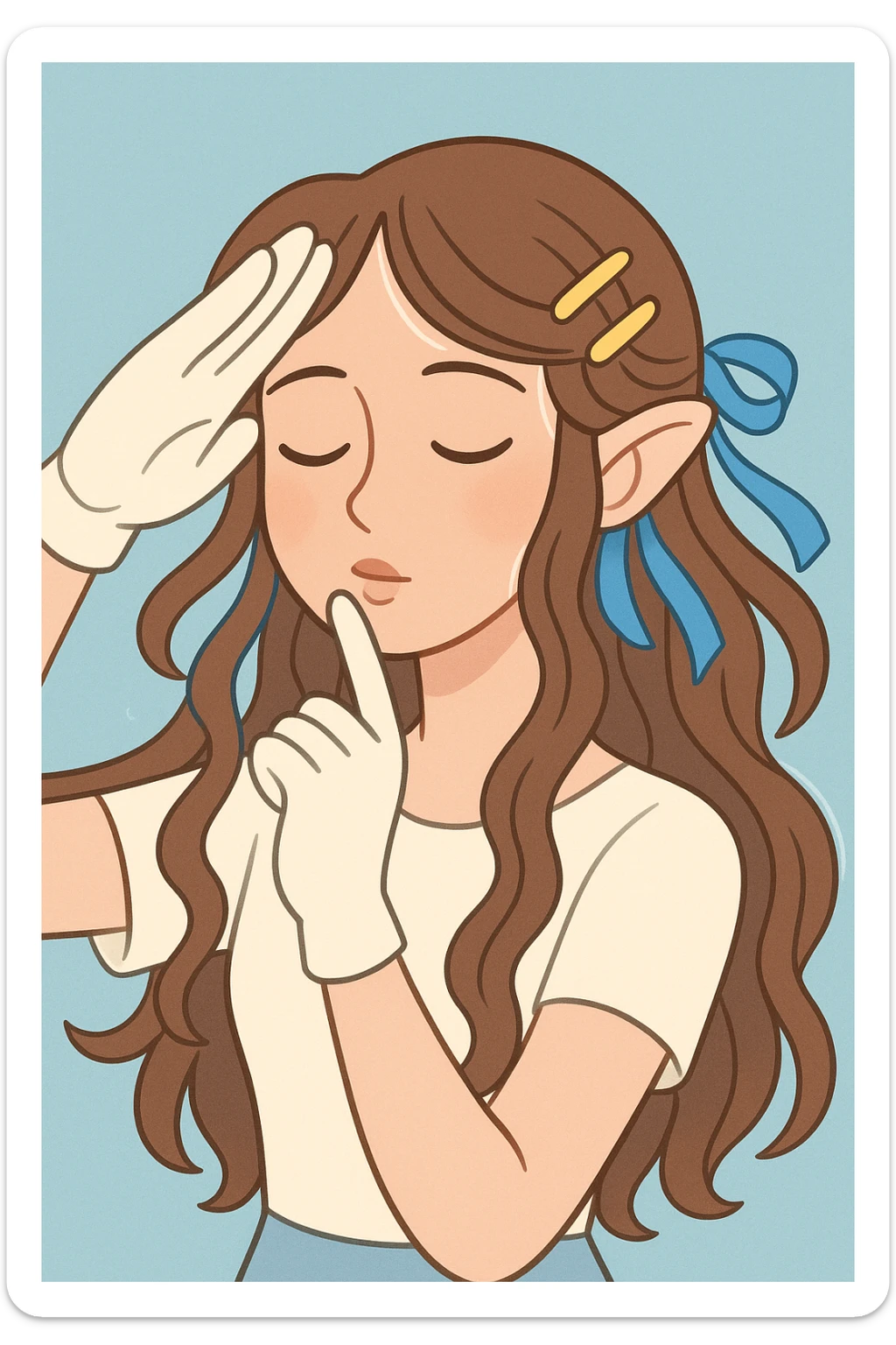 digital illustration of a young woman with long wavy brown hair adorned with golden hair clips and blue ribbons, soft pastel color palette, close-up, light blue textured background, eyes closed, head tilted slightly, gentle serene expression, subtle blush, white glove on right hand raised in military-style salute, multiple strands of hair, pointy ears, delicate ethereal glow, gentle touch to lips conveying intimacy and vulnerability sticker