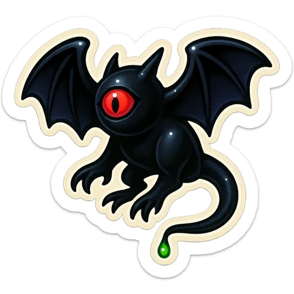 an all black reptilian bat-like creature. One cyclopian red eye in its face. no visible mouth or ears. has a long tale with a stinger that drips green poison sticker