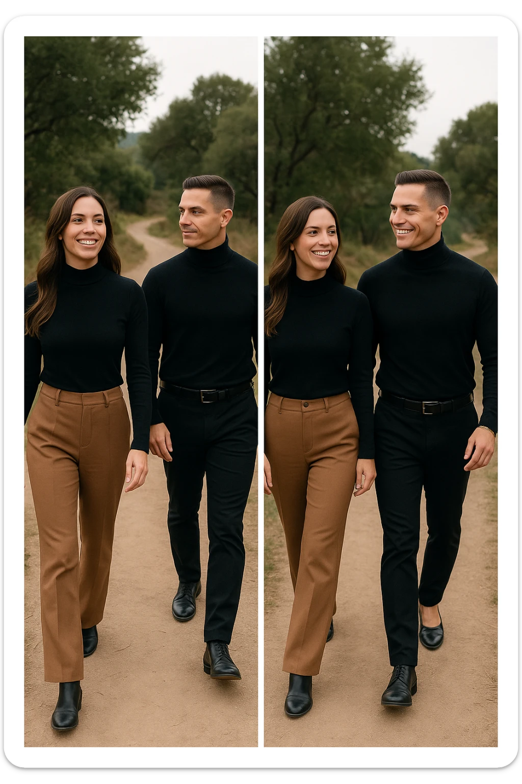 a man and a woman walk together along a winding path in a natural landscape. In one version, the woman leads confidently while the man follows a few steps behind, looking at lei con ammirazione. In un’altra versione, i ruoli sono invertiti, con l’uomo che guida e la donna che lo segue sorridendo. La scena trasmette l’idea che entrambi possano guidare o seguire, a seconda del momento. sticker