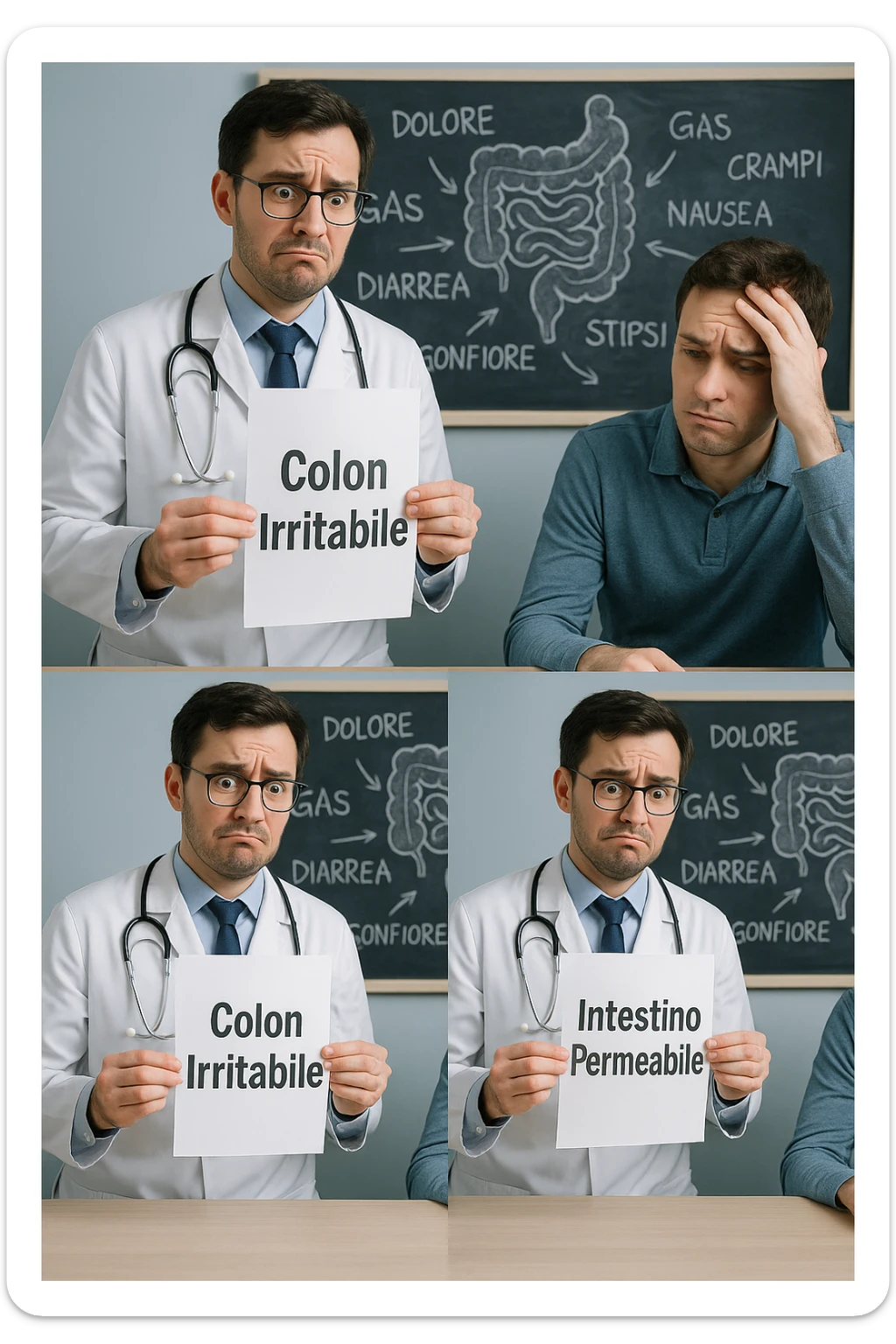 Scena clinica con un medico confuso in camice bianco davanti a un paziente seduto. Il medico ha tre fogli in mano, e li mostra uno alla volta con espressione incerta: il primo dice 'SIBO', il secondo 'Colon Irritabile', il terzo 'Intestino Permeabile'. Il paziente ha un’espressione confusa e scoraggiata, con una mano sulla fronte. Sullo sfondo una lavagna caotica con disegni di intestino e sintomi ovunque. Stile realistico con tocchi ironici, toni freddi da ambulatorio ma con un messaggio visivo forte di incertezza diagnostica. in italiano sticker