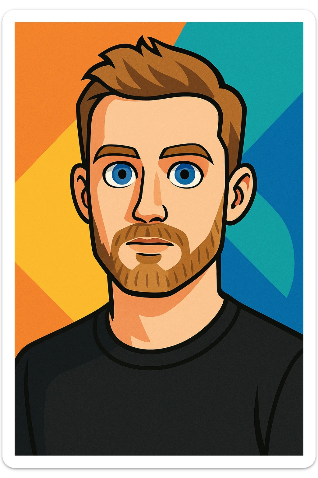 man with short light brown hair styled upward, beard and mustache, fair skin, large blue eyes, neutral facial expression, wearing black shirt, semi-realistic cartoon style sticker