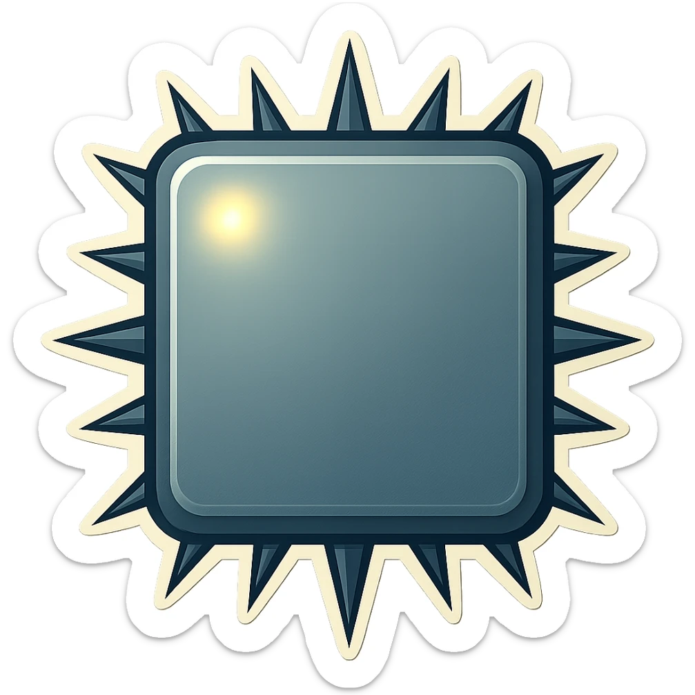 Make all the spikes on the side edges of the metal slab sharp instead of fat, keep the head-on view and retro sticker style. sticker