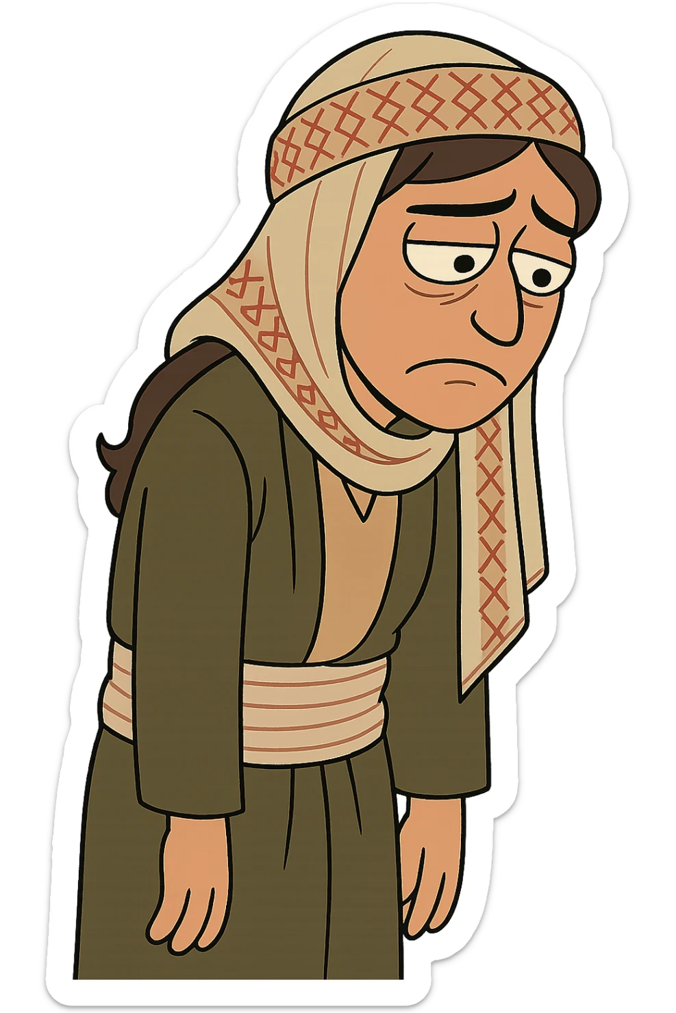 Kurdish man or woman in jamadani, cartoon style, feeling disappointed, slouched posture, sad eyes, no text sticker