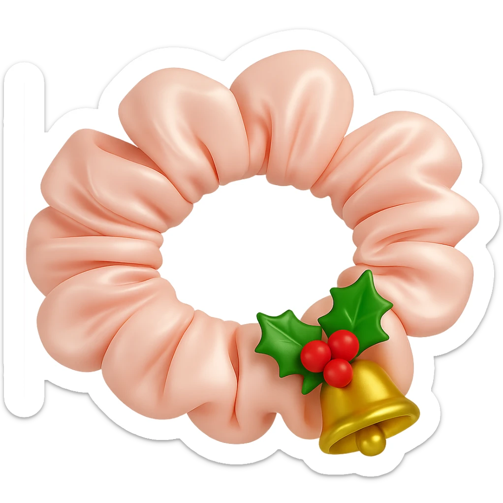 Add small holly leaves and berries next to the Christmas bell charm on the pastel pink silky scrunchie, keep the 3D emoji style and shimmer effect. Remove the background. The original style is 3D emoji style which does not support editing, so use a general style editor while respecting the 3D emoji look. sticker