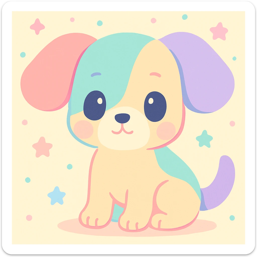 cachorro com orelhas grandes, estilo delicado e colorido de Hikaru Kotz, traços suaves, cores vibrantes, expressão curiosa, detalhes artísticos, fundo claro sticker