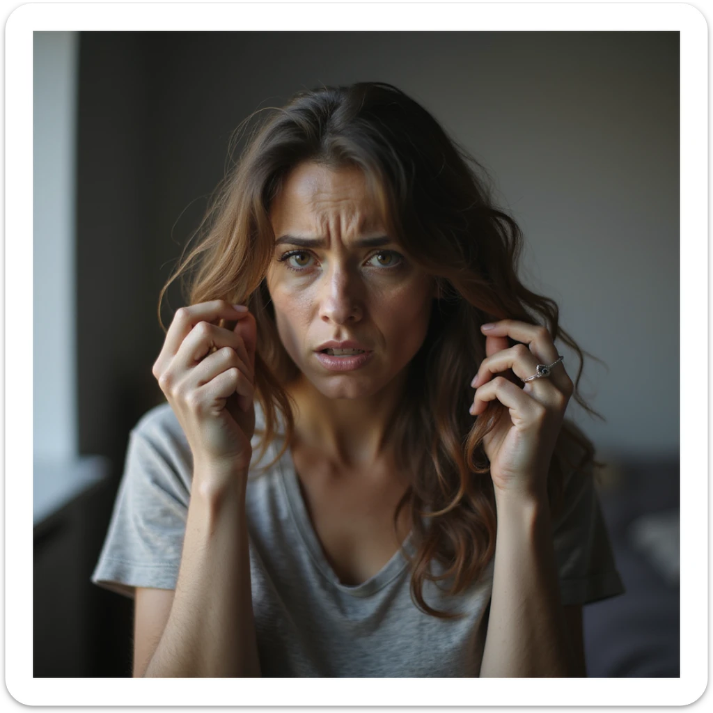 hyperrealistic 4K detailed image of a woman with hormonal imbalance, visibly thinning hair, holding a lock of hair, worried face, domestic environment sticker