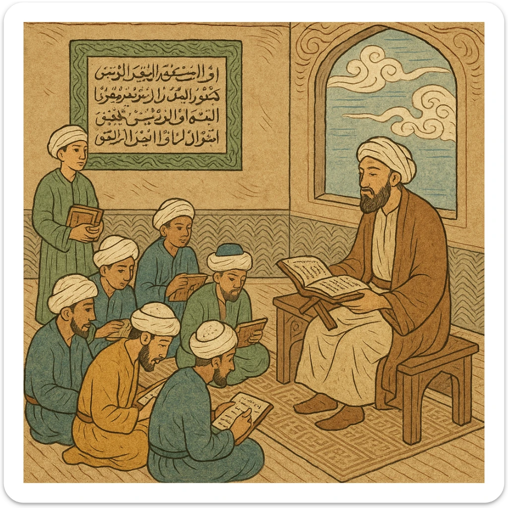 detailed and artistic representation of an Islamic school with calligraphy elements, traditional ukiyo-e style sticker