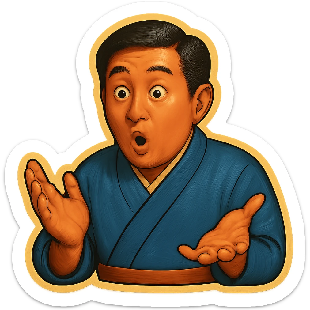 The same Japanese man in traditional kimono looks at the viewer with a surprised look, and his hands are empty sticker