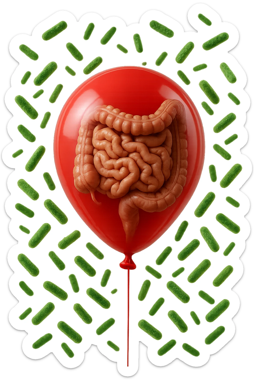 intestino umano anatomico chiuso in un palloncino rosso con batteri intestinali che fluttuano intorno, iperrealistico 4k sticker