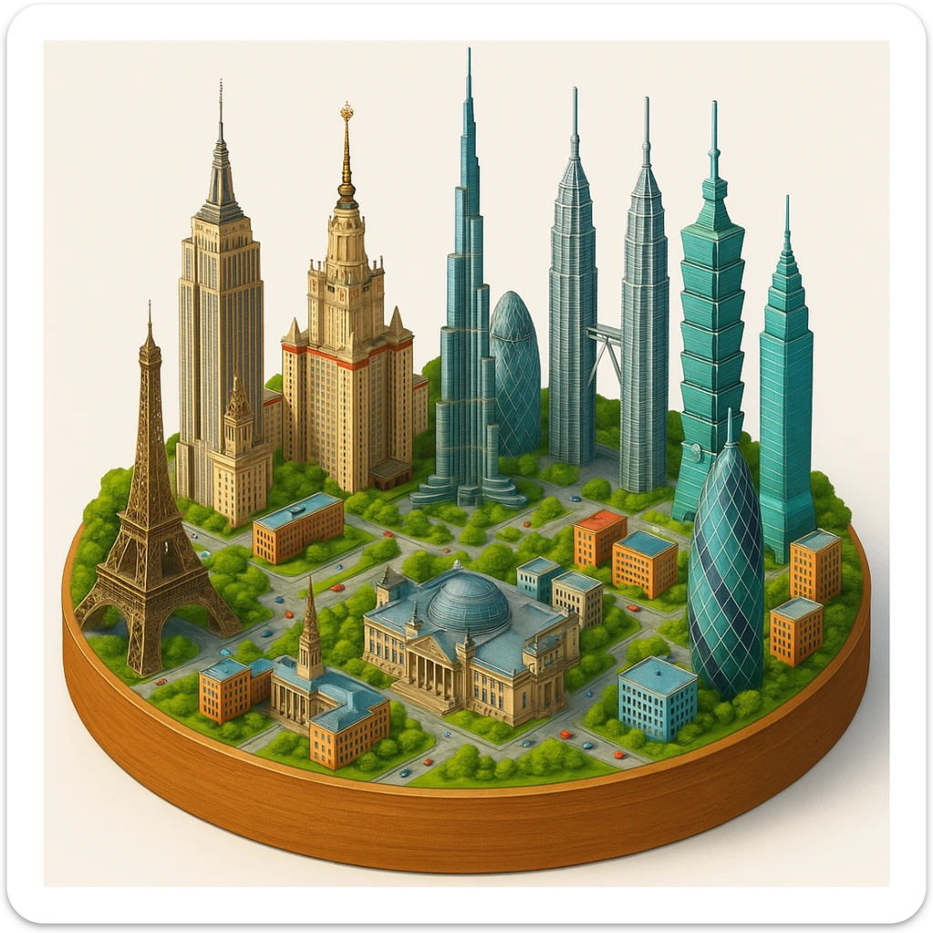 Оставь основу картинки - деревянную подставку, но при этом сгенерируй изометричная, яркая, детализированная и фотореалистичная иллюстрация где будет самые узнаваемые здания мира Эмпайр Стейт Билдинг, Эйфелева башня, здание МГУ, Бурдж-Халифа, Башни Петронас, Небоскрёб Фостера в Лондоне, Рейхстаг, Тайбэй sticker