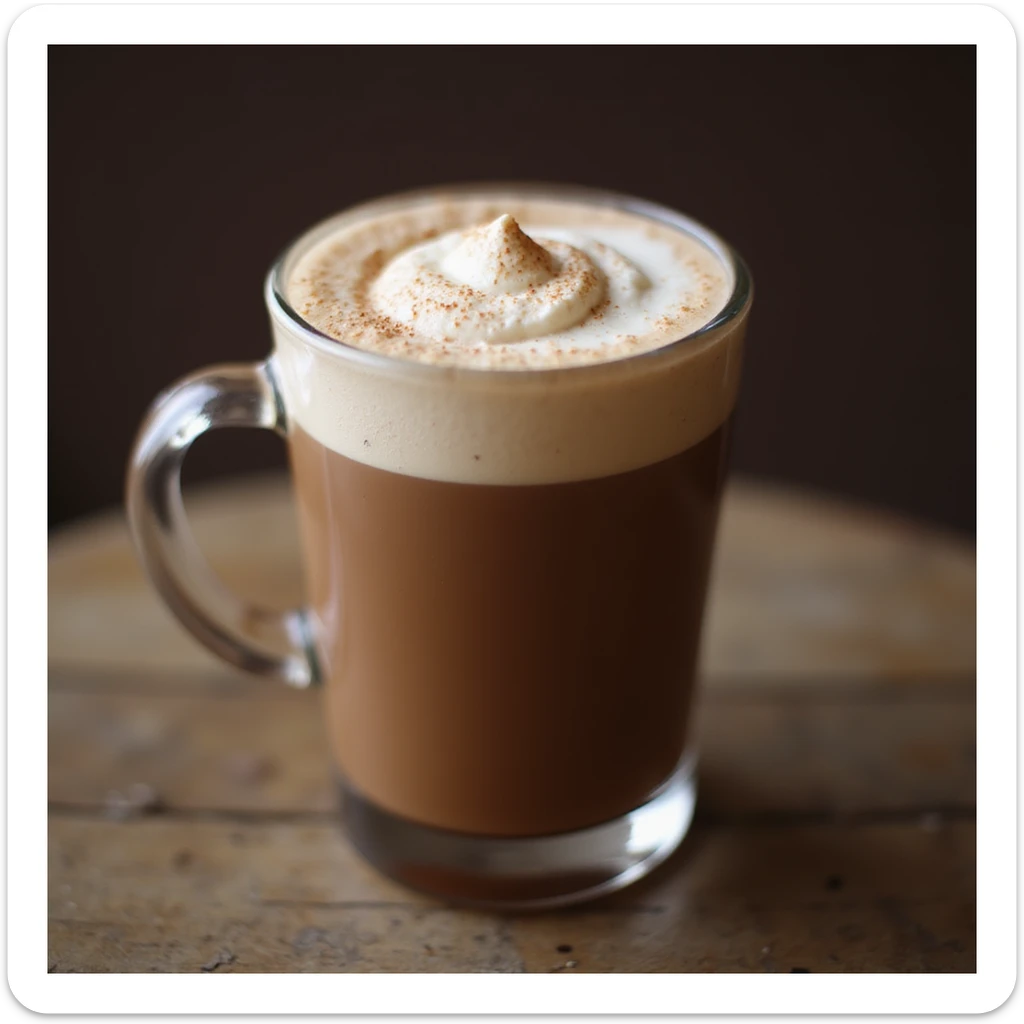 a realistic cup of mocha, photorealistic style, rich chocolate color, creamy foam, clear glass mug, inviting and delicious appearance sticker