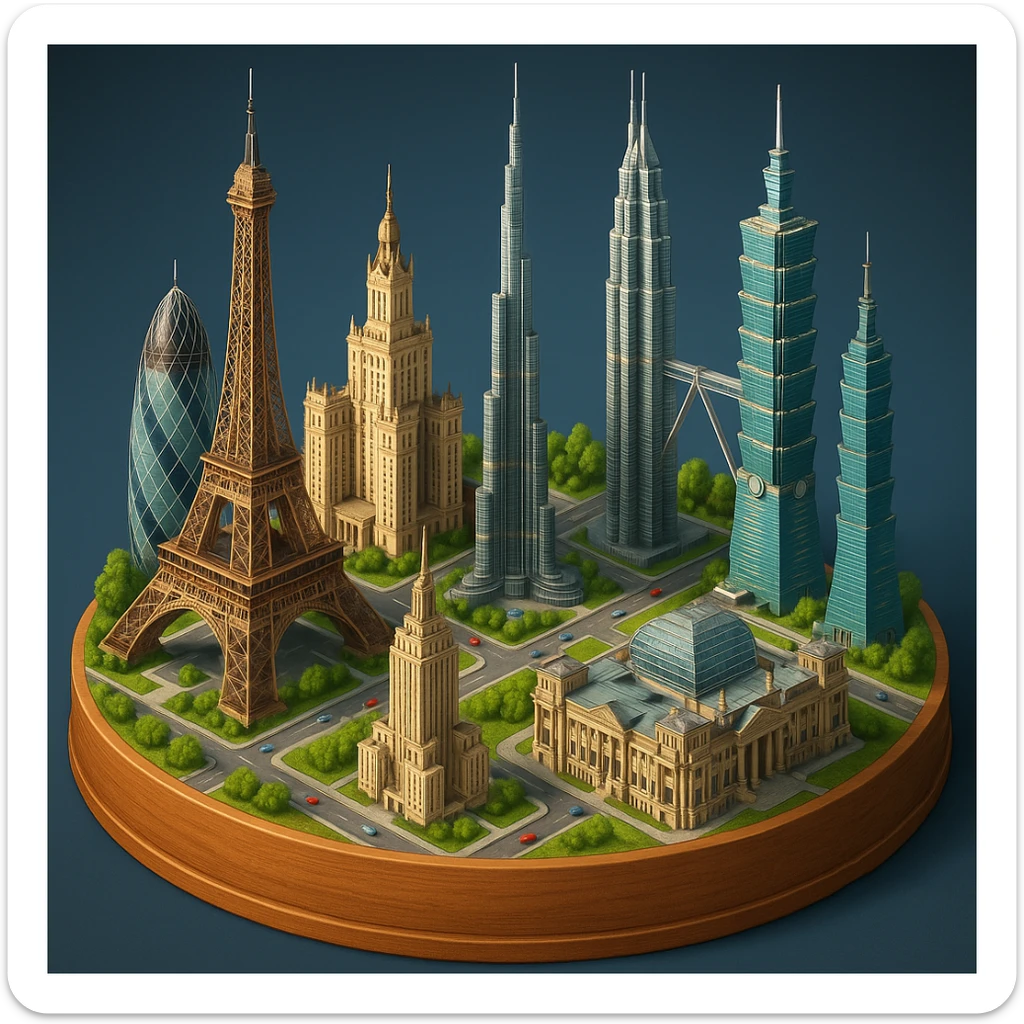 Оставь основу картинки - деревянную подставку, но при этом сгенерируй изометричная, яркая, детализированная и фотореалистичная иллюстрация где будет самые узнаваемые здания мира Эмпайр Стейт Билдинг, Эйфелева башня, здание МГУ, Бурдж-Халифа, Башни Петронас, Небоскрёб Фостера в Лондоне, Рейхстаг, Тайбэй sticker