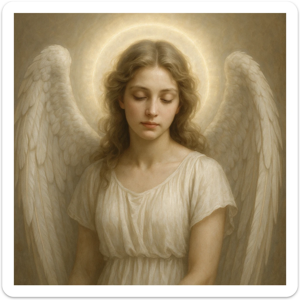 white angel girl, realistic style, glowing aura, detailed wings, serene face sticker