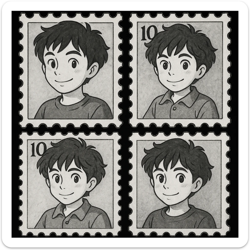 Convert the letter stamp images to completely black and white with no color, preserving the letter stamp style, in a studio ghibli style illustration. Focus on black and white tones only, no color. sticker