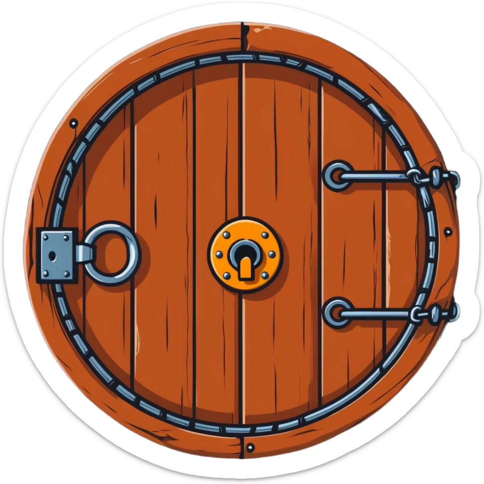 A rusty chain wrapped tightly around a round wooden hobbit-style door with a large padlock sticker