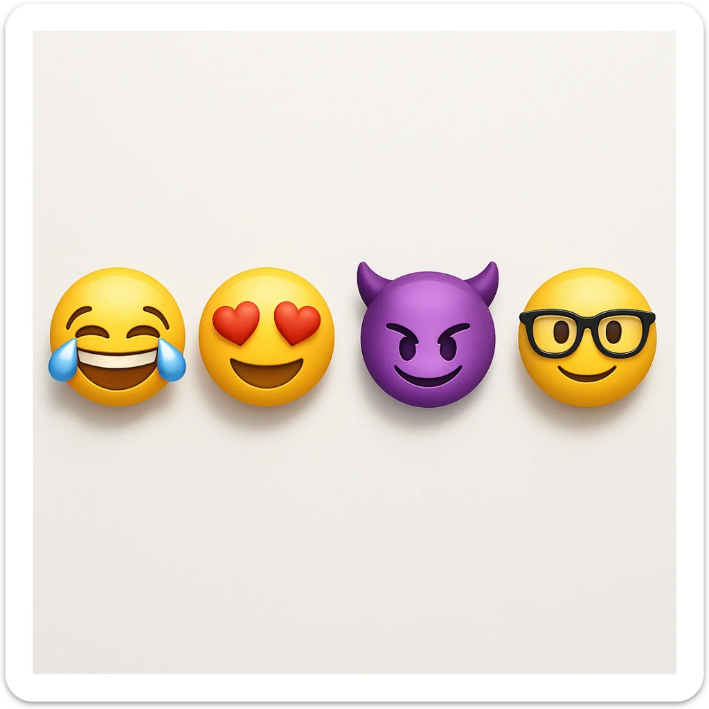 make four emojis on white background with good amount of shadow, four emojis of smiley's only. one laughing, second heart eyes, third purple devil and four black glasses emojis  sticker