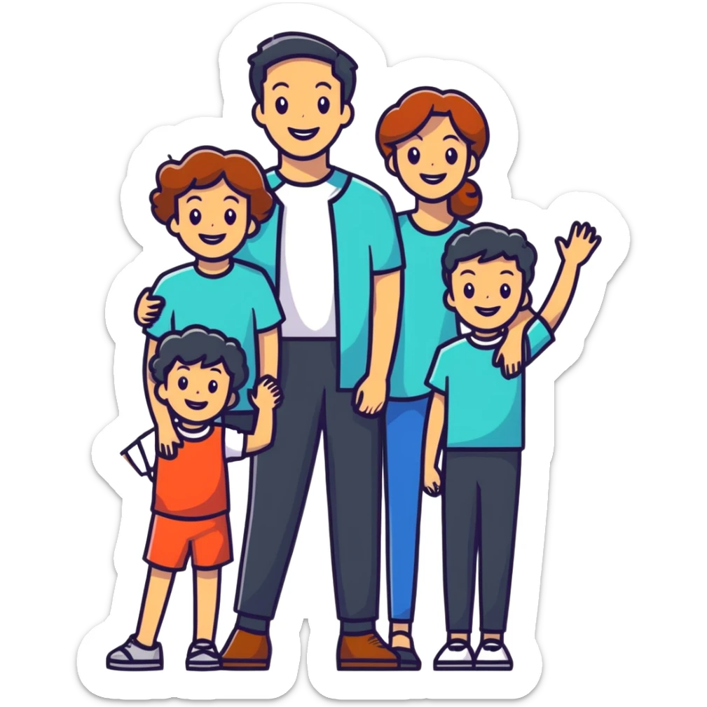 happy family: father, mother, two children, all smiling, bright colors sticker