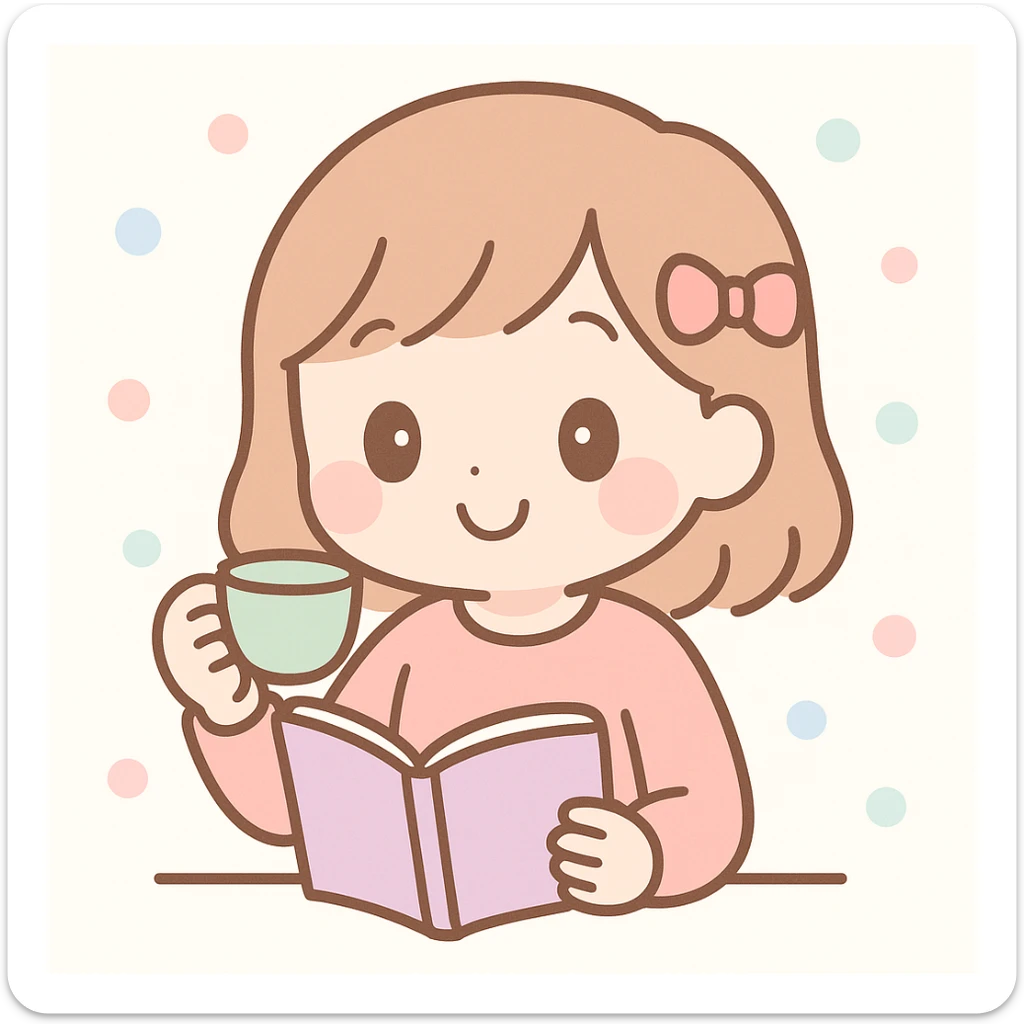 girl reading a book and sipping tea, cute and cheerful sticker
