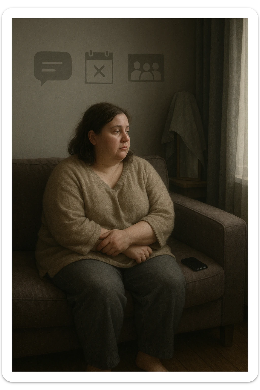 Donna tra i 30 e i 40 anni seduta sola su un divano, con espressione malinconica e corpo visibilmente appesantito. Indossa abiti larghi, avvolgenti, e guarda fuori dalla finestra mentre il telefono è spento o con notifiche ignorate accanto a lei. Sullo sfondo, si notano segnali di vita sociale assente: messaggi non letti, inviti ignorati, foto di gruppo a cui non partecipa. L’atmosfera è silenziosa, con luce grigia e ambiente spento. Intorno a lei, simboli di ritiro e insicurezza: tende chiuse, specchio coperto, postura chiusa. Stile realistico, tono delicato ed emotivo sticker