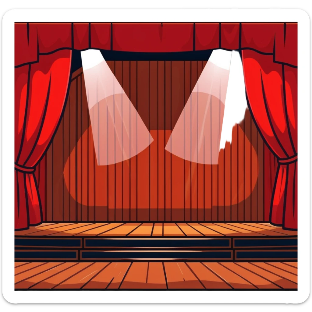 dramatic theater stage with red curtains drawn to sides, wooden planks, and bright spotlight in middle sticker