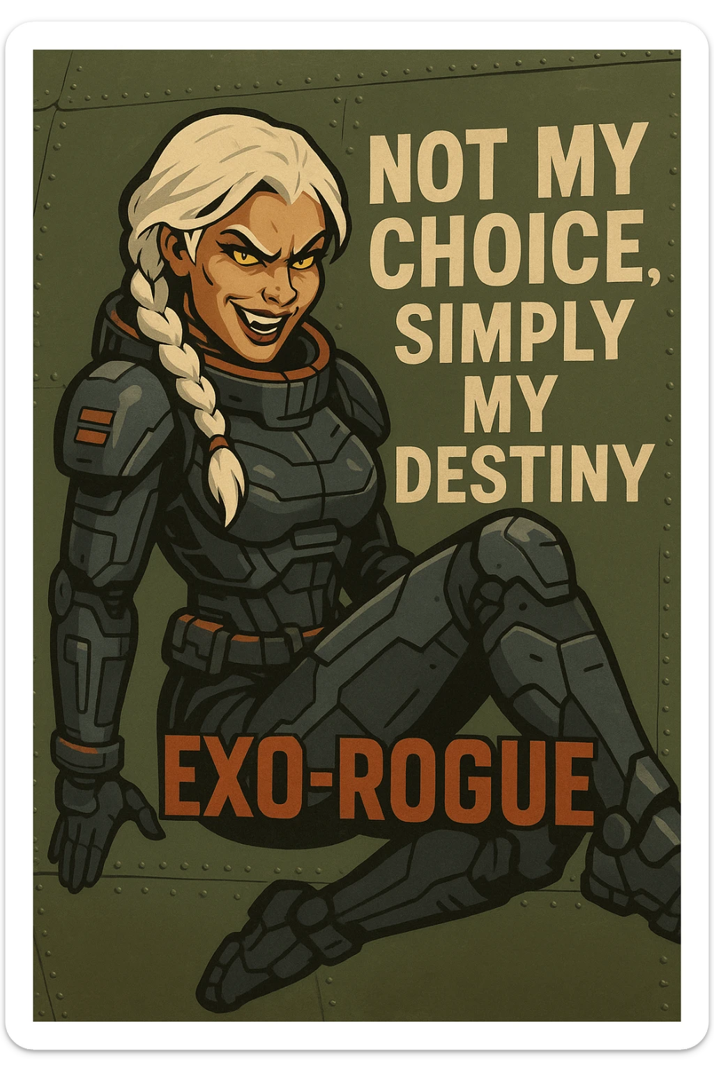 a retro military pinup fuselage decoration for the motto " not my choice, simply my destiny "
; female figure, white hair 1 braid, gold yellow eyes, spacer, fierce, exo-rogue, menacing yet taunting sticker