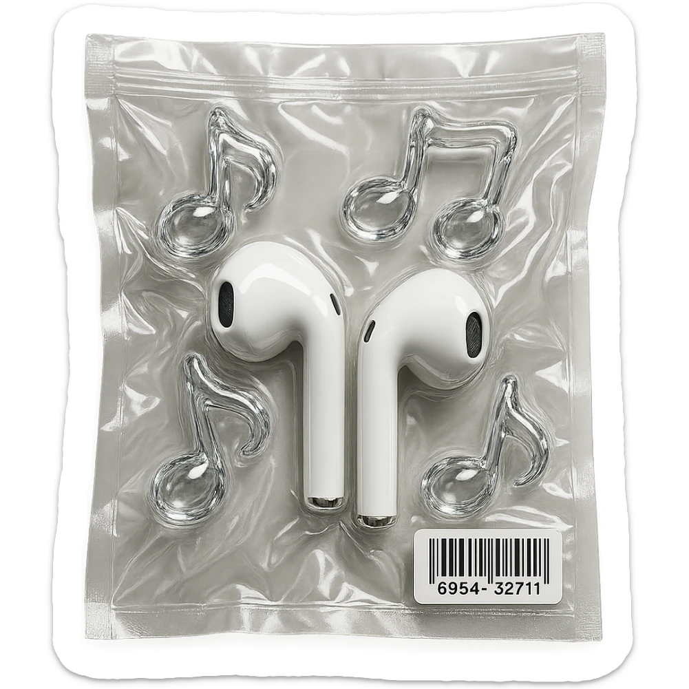 pair of white EarPods with three floating glass music notes in transparent crystal style, shiny and puffy sticker