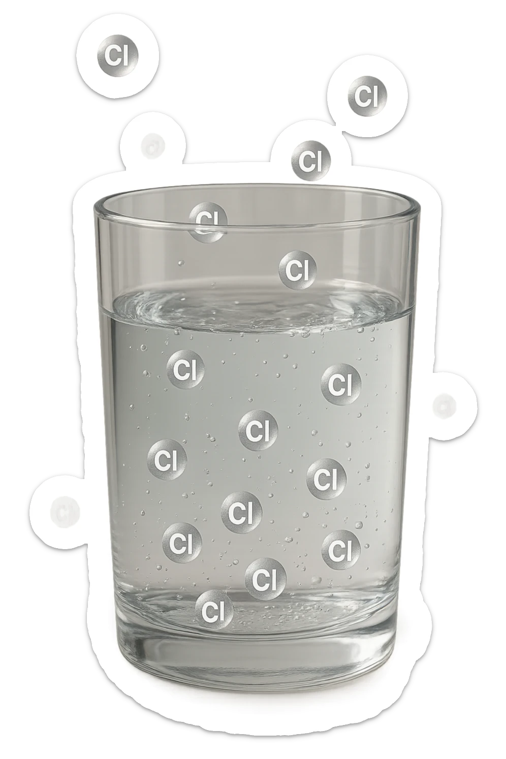 un bicchiere di acqua realistico e dettagliato fluttua in aria, dentro l'acqua del bicchiere ci sono particelle di cloro ben visibili con la scritta "Cl" sopra, ci sono particelle anche che escono dal bicchiere e fluttuano in aria verticalmente, mentre alcune sono all'interno dell'acqua nel bicchiere, iperrealistico 4k sticker