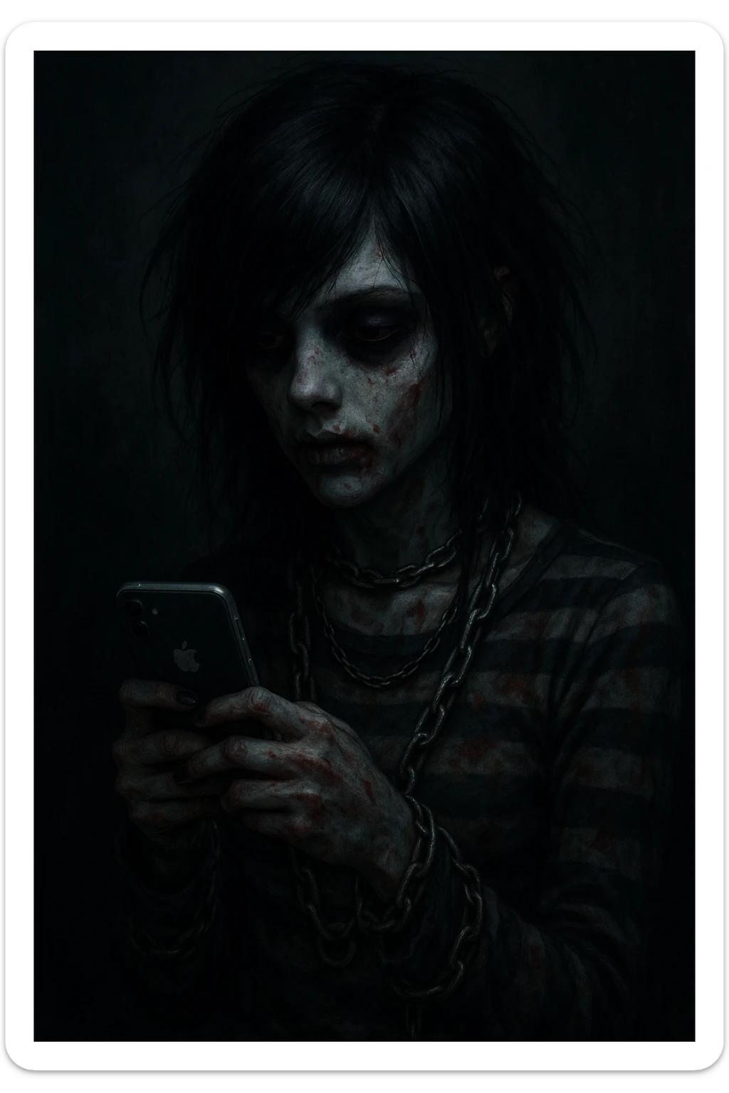 emo zombie girl, black hair, striped shirt, chains, pale skin, dark eyes, subtle blood stains, texting on an iPhone sticker