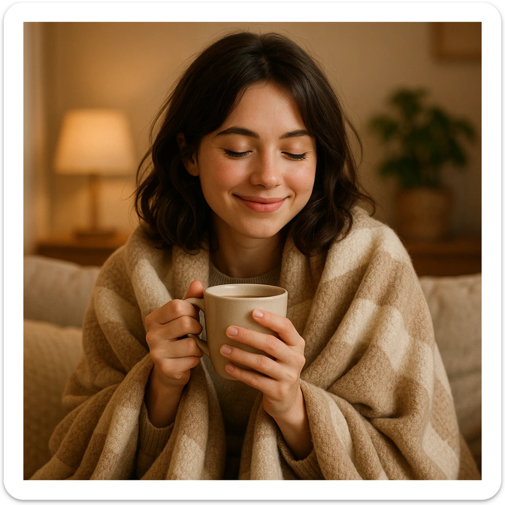 adorable brunette girl snuggled in a blanket, sipping coffee, relaxed and happy expression sticker