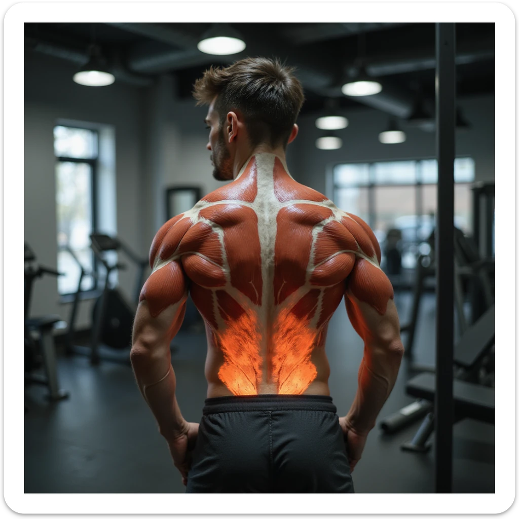 Italian man in gym in front of mirror, doing abdominal exercises; anatomical overlay showing involved muscles and fat reduction, realistic style, vertical 9:16 aspect ratio sticker