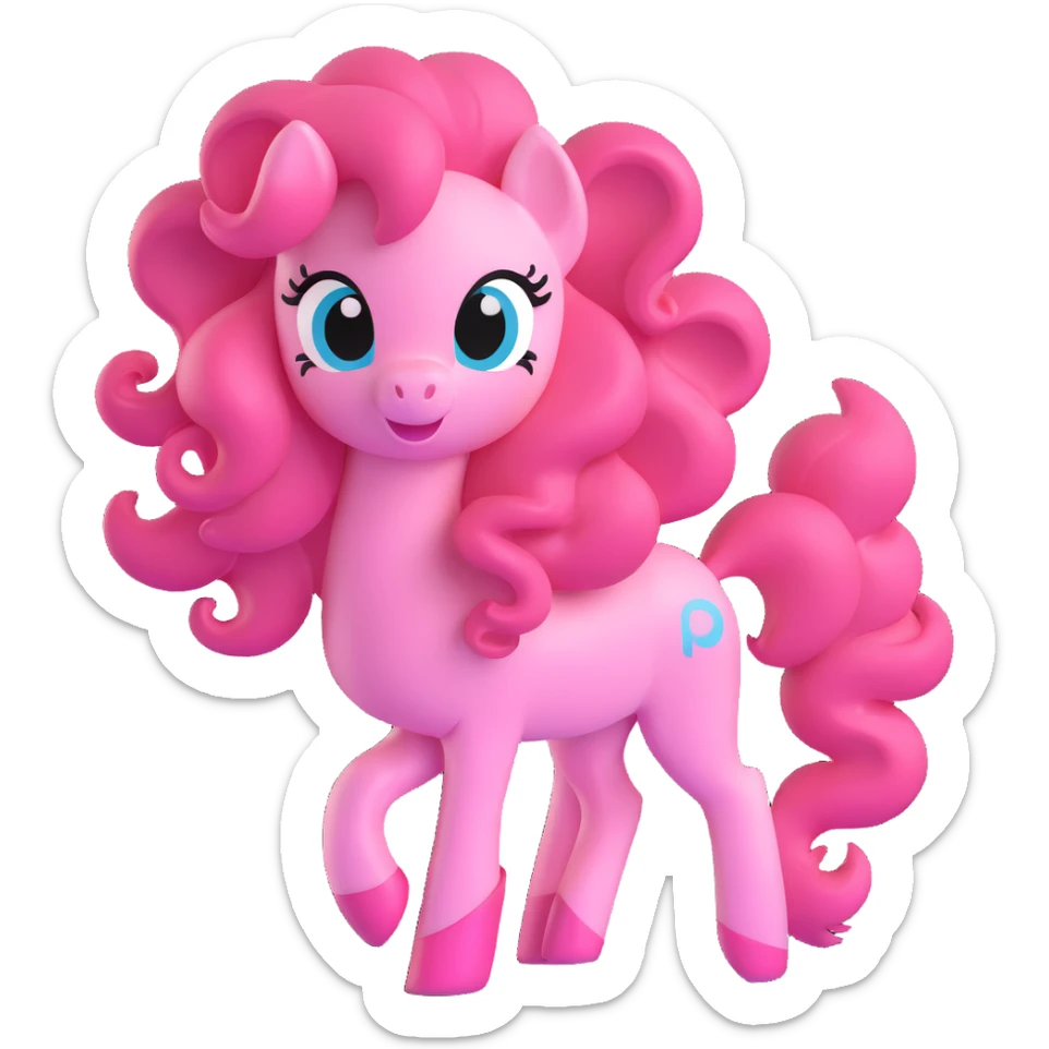 Pinkie Pie from My Little Pony, 3D style, playful pose, shiny pink color, curly mane and tail sticker