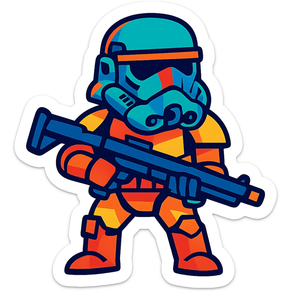 helmeted space trooper inspired by Star Wars, bold cartoon style, vibrant toon style sticker