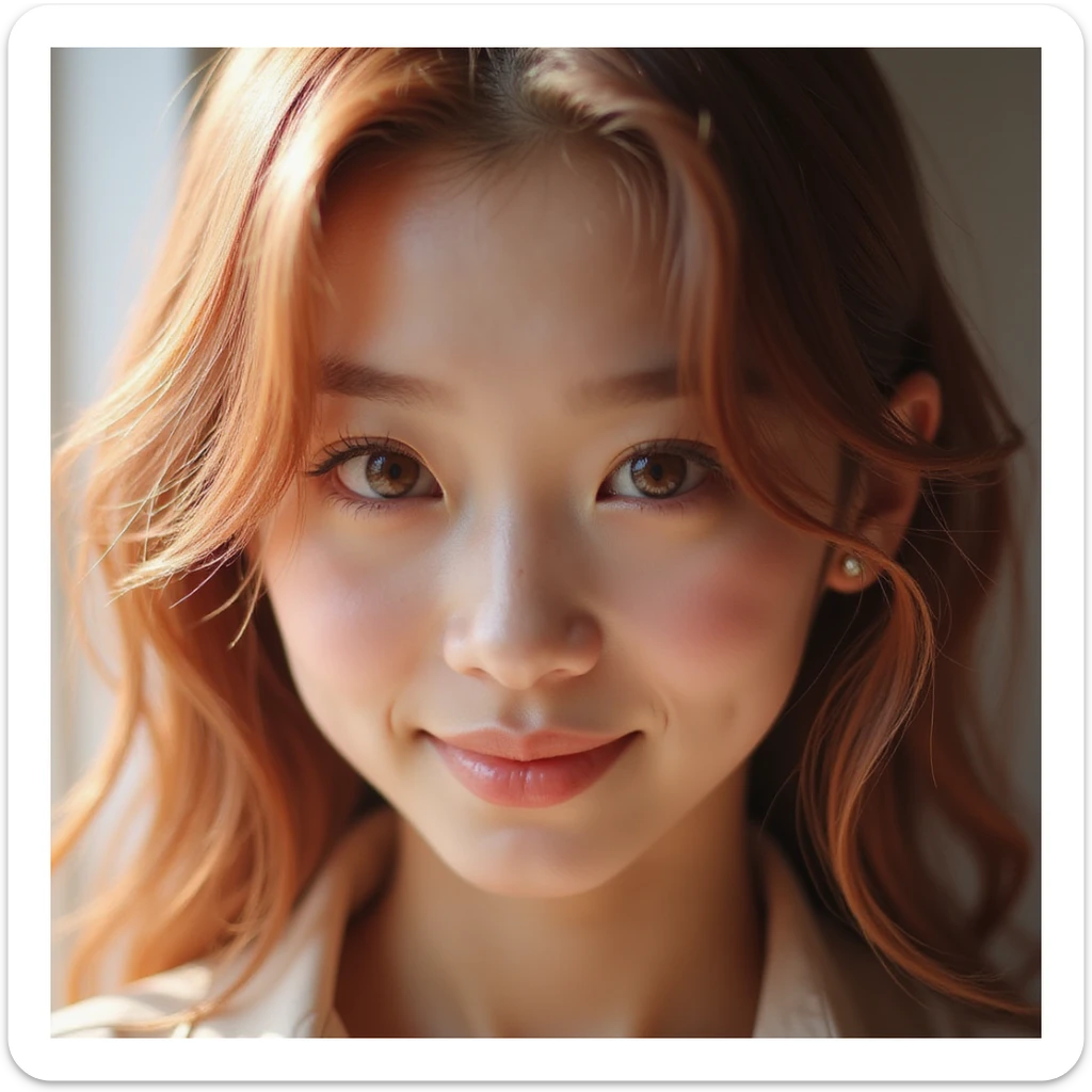 Rosé from Blackpink, close-up portrait, photorealistic, gentle smile, warm lighting sticker