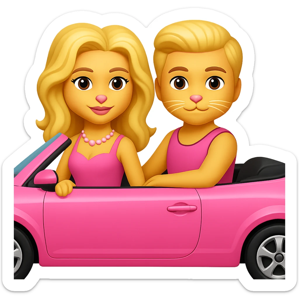 Add Barbie and Ken style wigs to both cats, keep them in a pink convertible, emoji style, no background. The style should resemble emoji style with bright colors and simple shapes. sticker