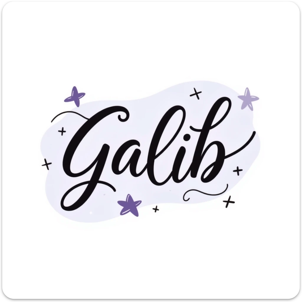 elegant cursive and bold typography of the word 'Galib' in a dreamy style, surrounded by ✨💖🌙💫🔥 emojis, with a soft gold-lavender-blue gradient, luxurious and glowing sticker