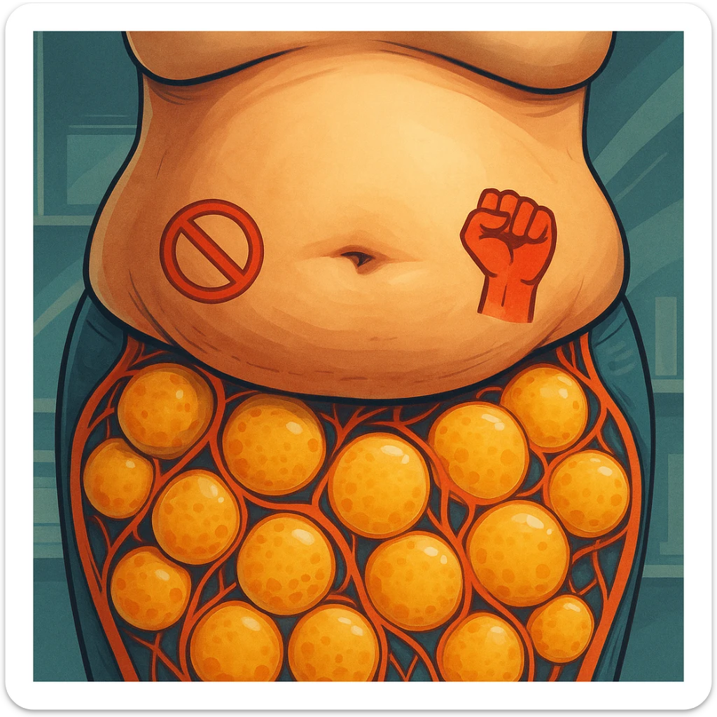 realistic belly with stubborn adipocytes, modern illustrative style, vivid colors, educational atmosphere, resistance symbols sticker