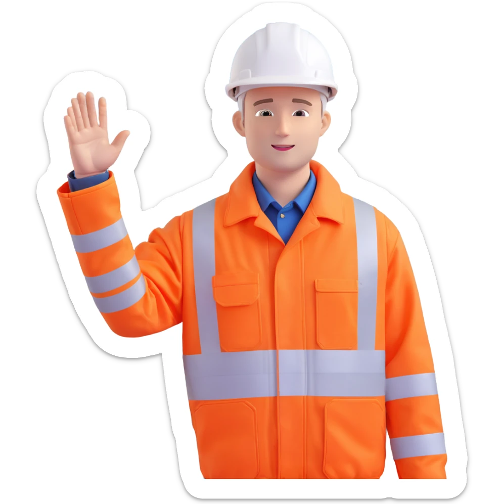 man in orange hi-vis jacket, white hard hat, waving, with a railway track in the background sticker